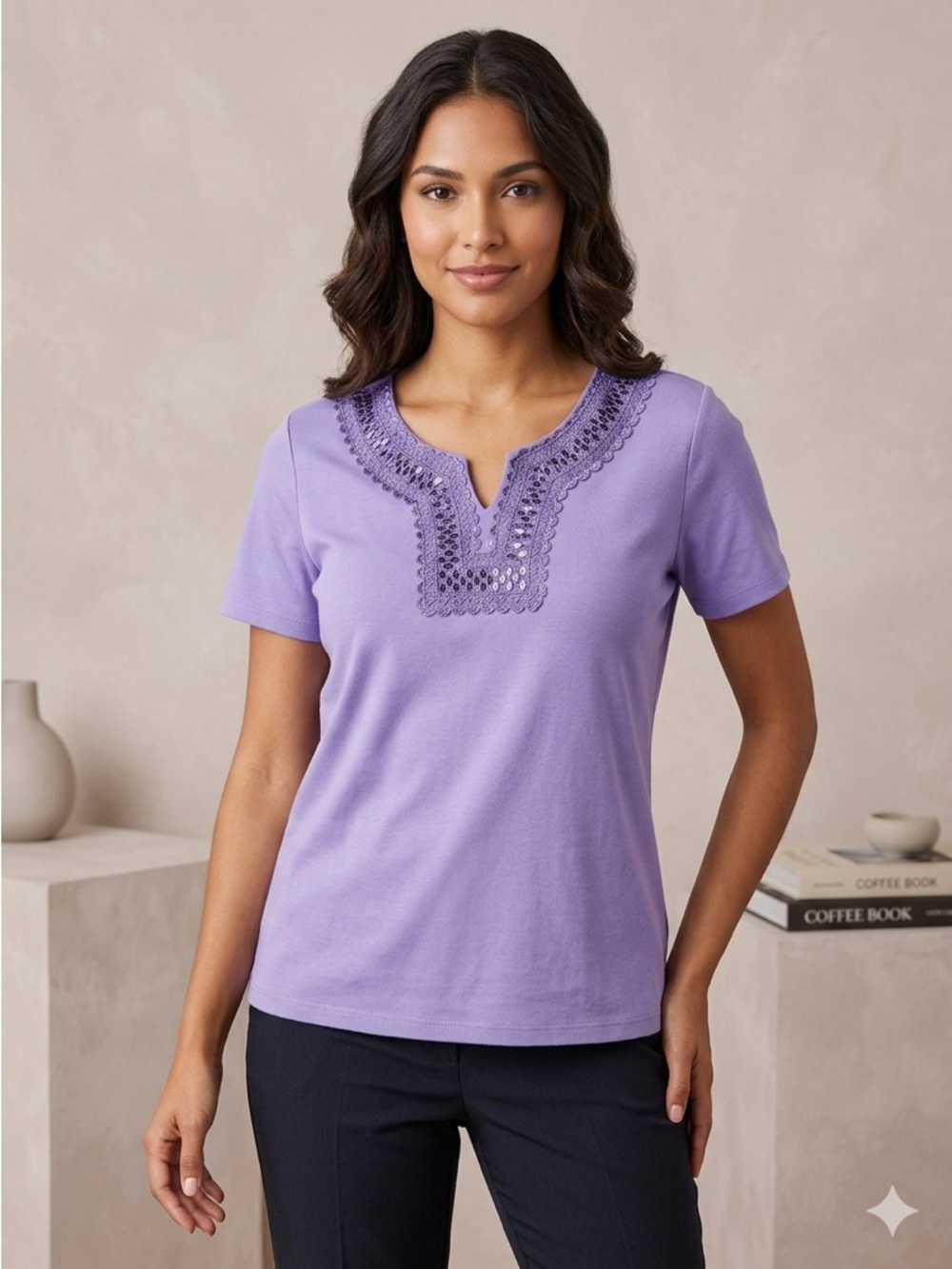 Bon Worth Lavender Short Sleeve Embroidered Split-Neck Top